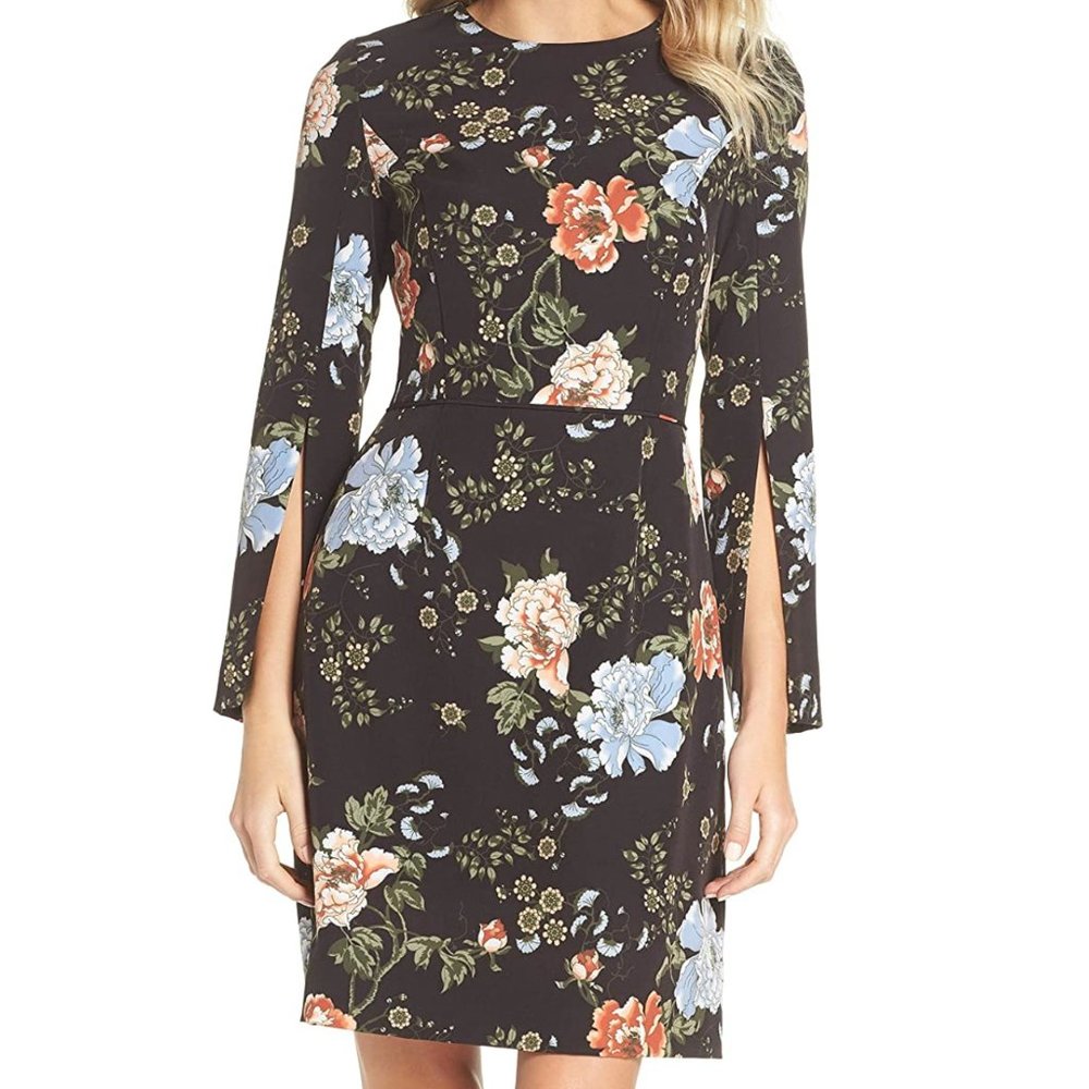 Tahari • Black Floral Split Sleeve Shift Dress